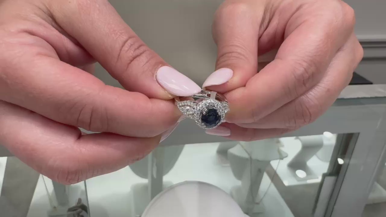 Vanna K 18K White Gold Halo Ring with Round Sapphire and Marquise Diamonds