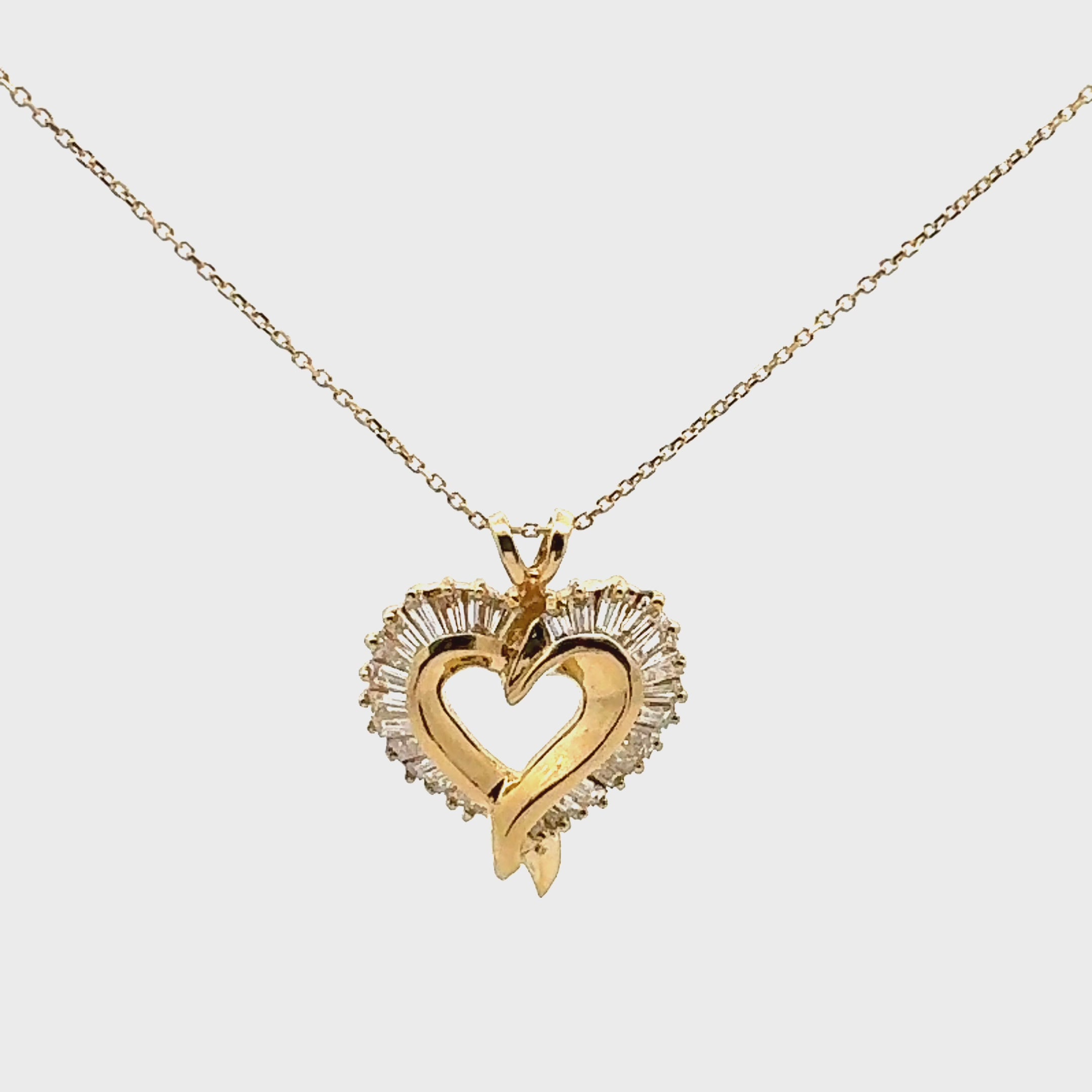 14K Yellow Gold 1.5 Carat Baguette Diamond Heart Pendant Necklace
