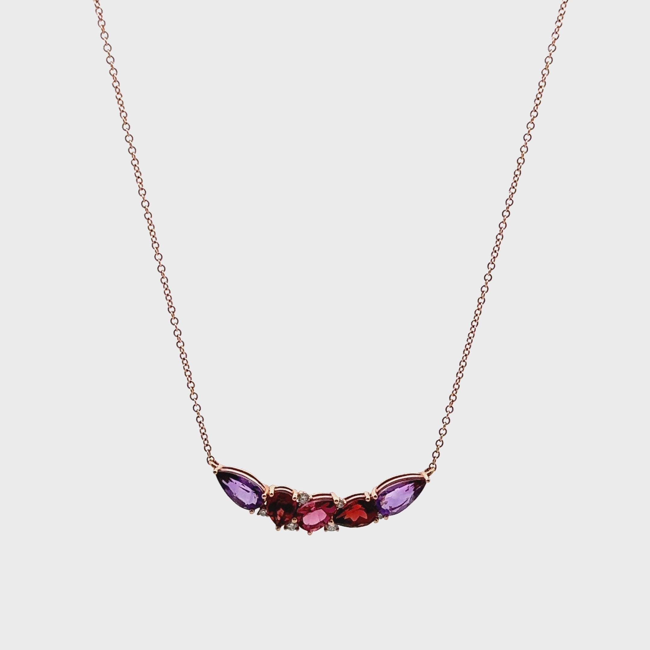 Allison Kaufman 14K Rose Gold Pendant Necklace Cascading Amethyst and Semi Precious Stones