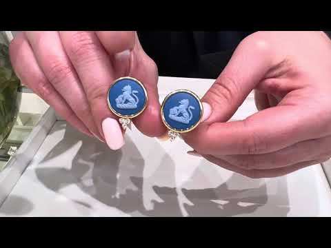 Lion Passant 14K Yellow Gold Medallion Earrings with Custom Bezel Set Blue Wedgwood Jasperware and Diamonds