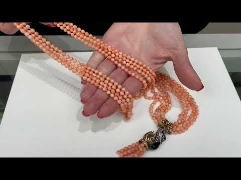 Vintage Pre-owned 18K Yellow Gold Diamond and Angel Coral Bead Tassel Necklace