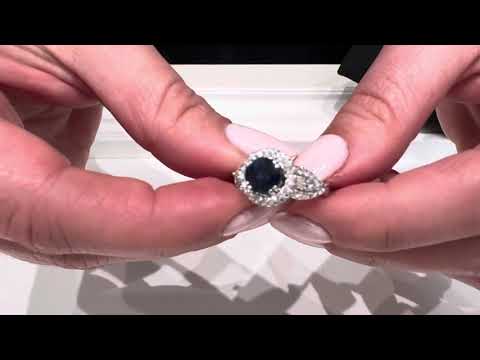 Vanna K 18K White Gold Halo Ring with Round Sapphire and Marquise Diamonds