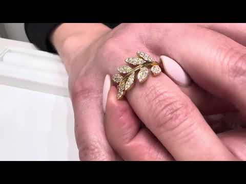 18K Yellow Gold Leaf Ring with Diamonds