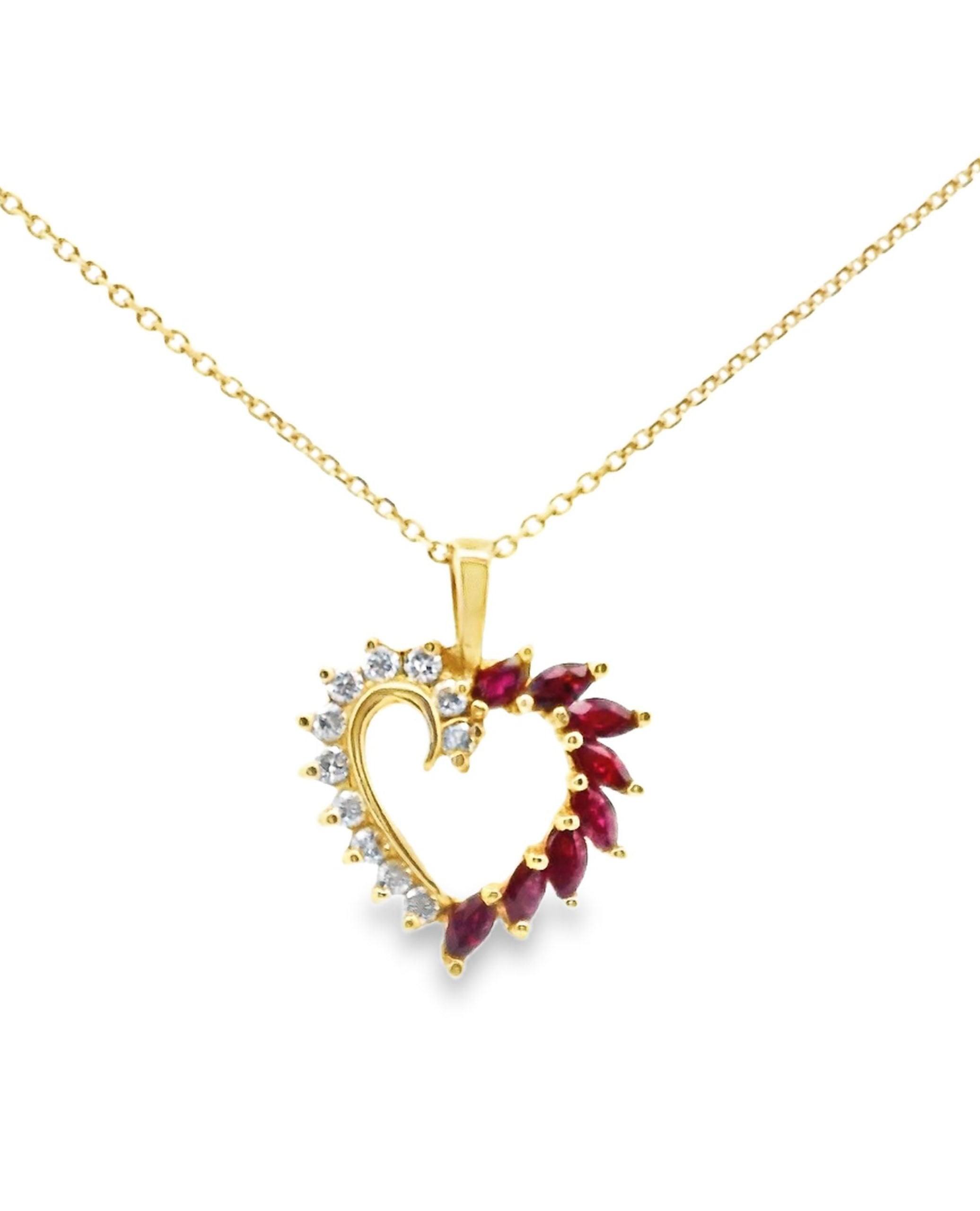 14K Yellow Gold Ruby & Diamond Heart Pendant Necklace