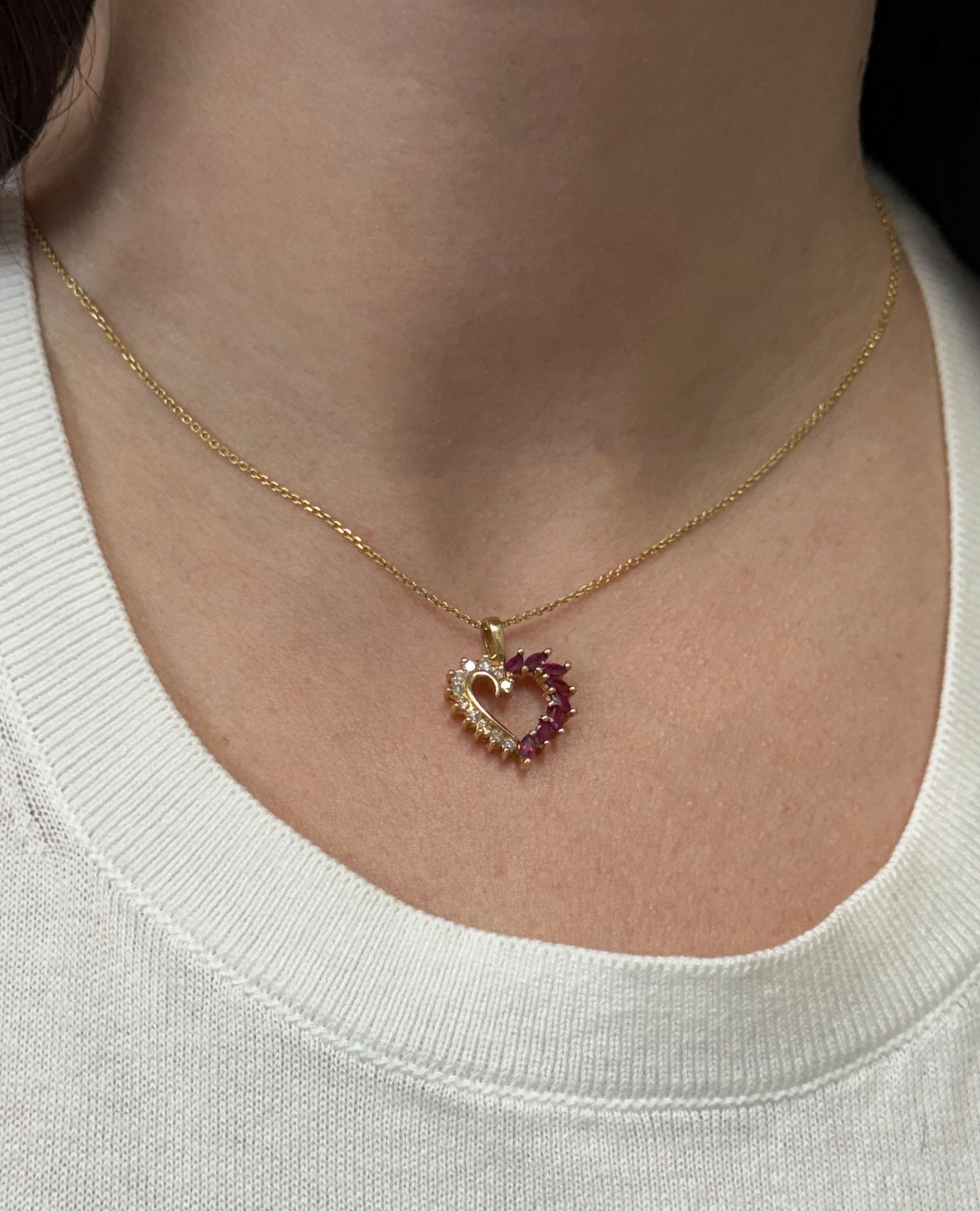 14K Yellow Gold Ruby & Diamond Heart Pendant Necklace