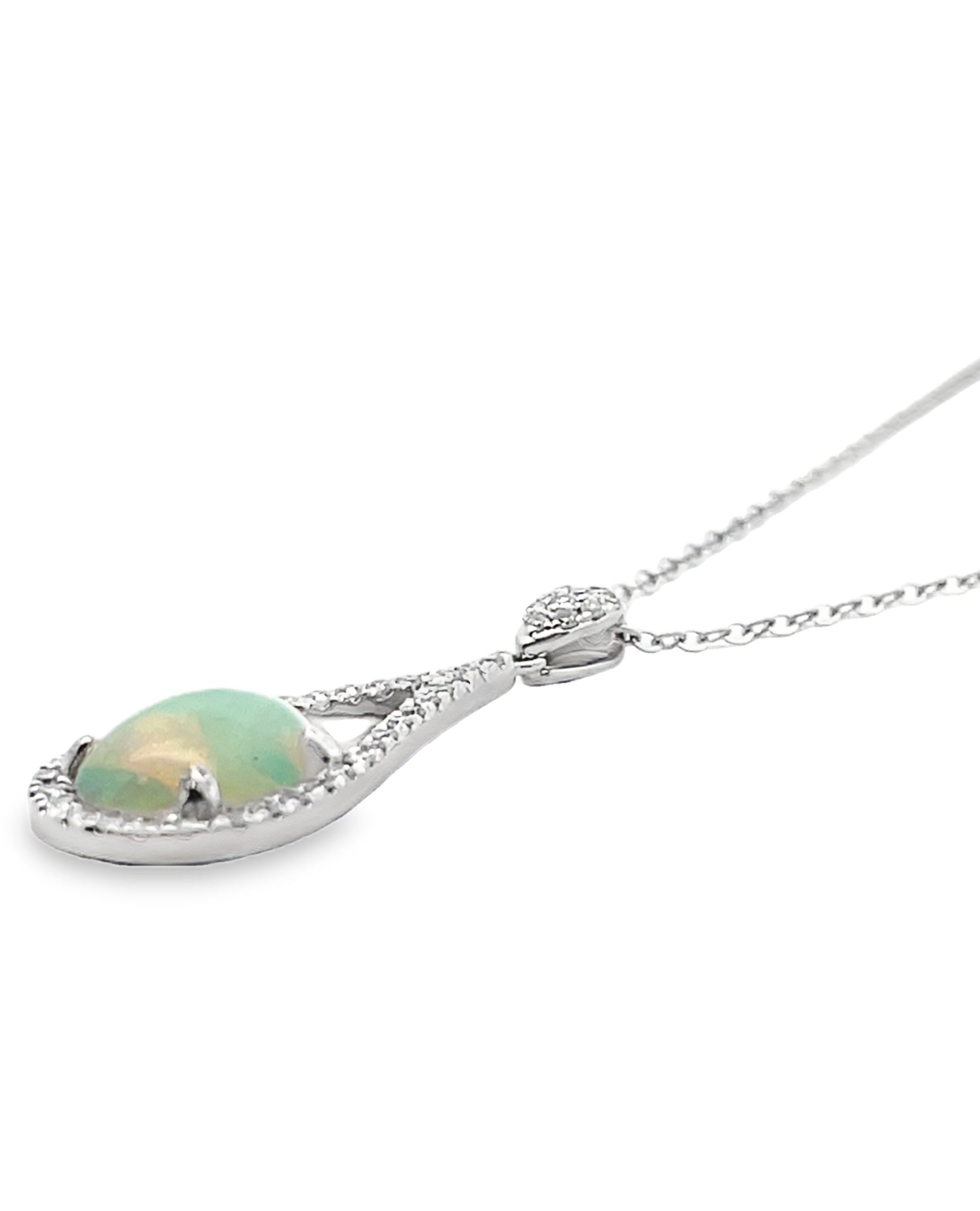 14K White Gold Opal Pendant Necklace - Adjustable