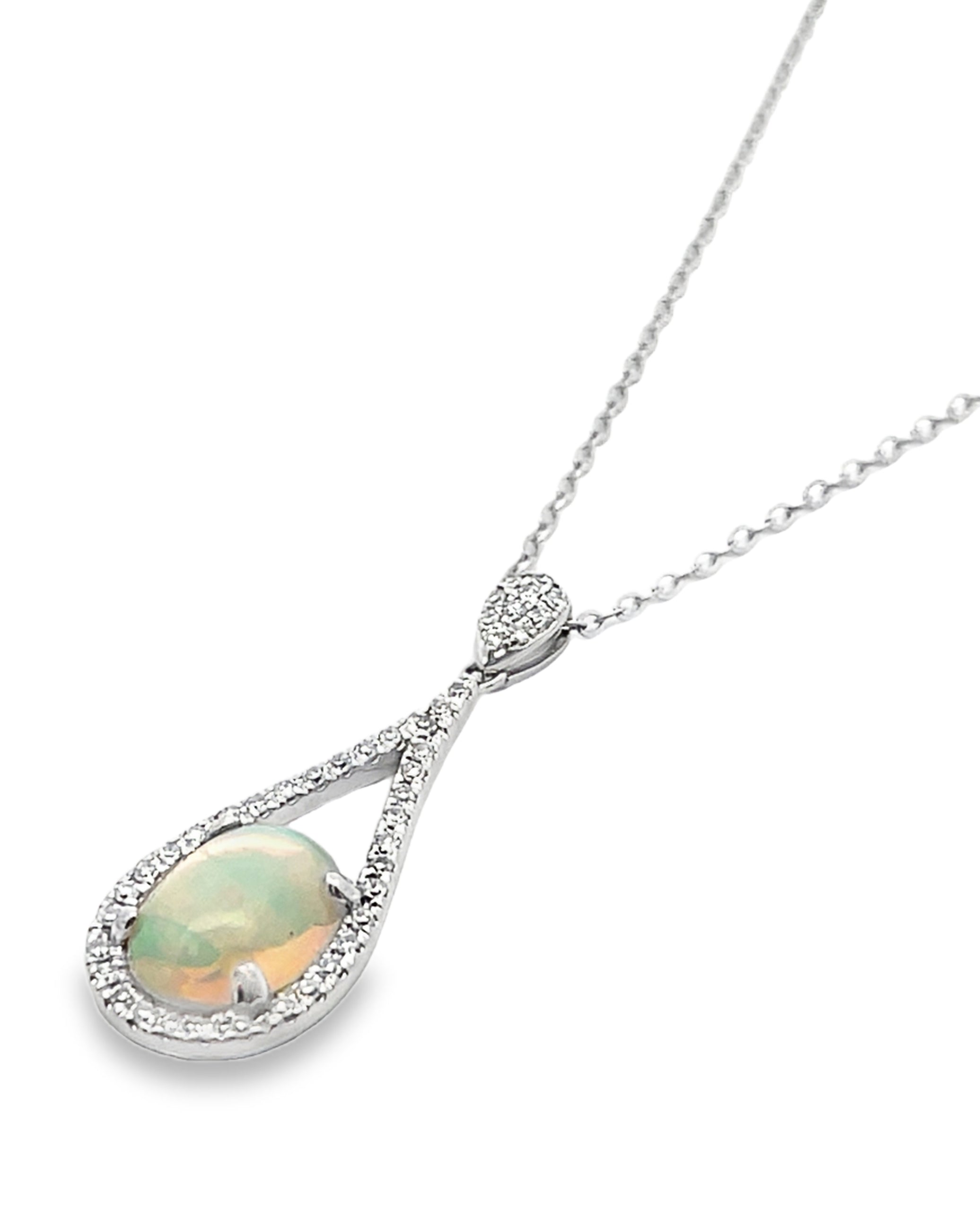 14K White Gold Opal Pendant Necklace - Adjustable