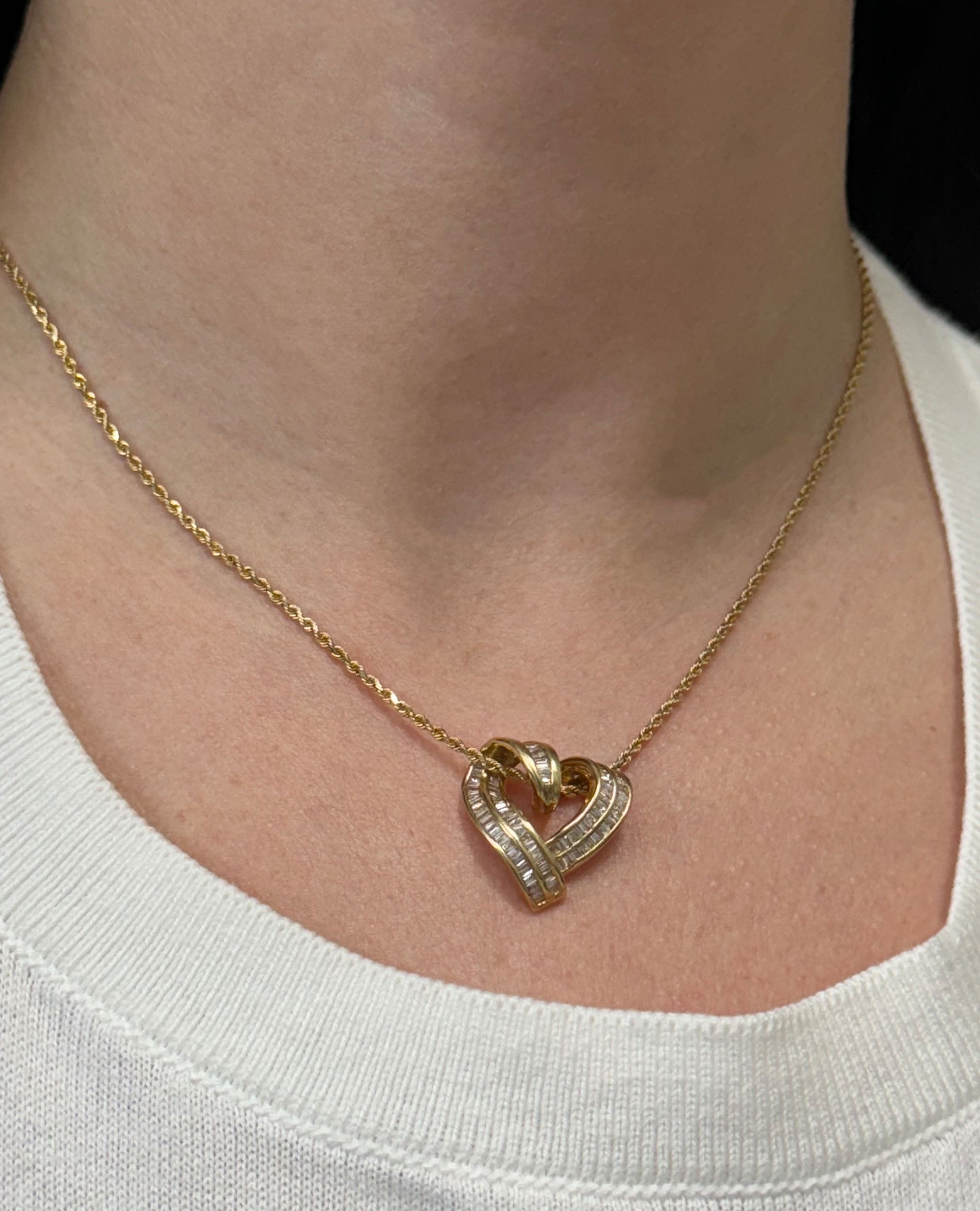 14K Yellow Gold Heart Pendant Necklace with Baguette Diamonds
