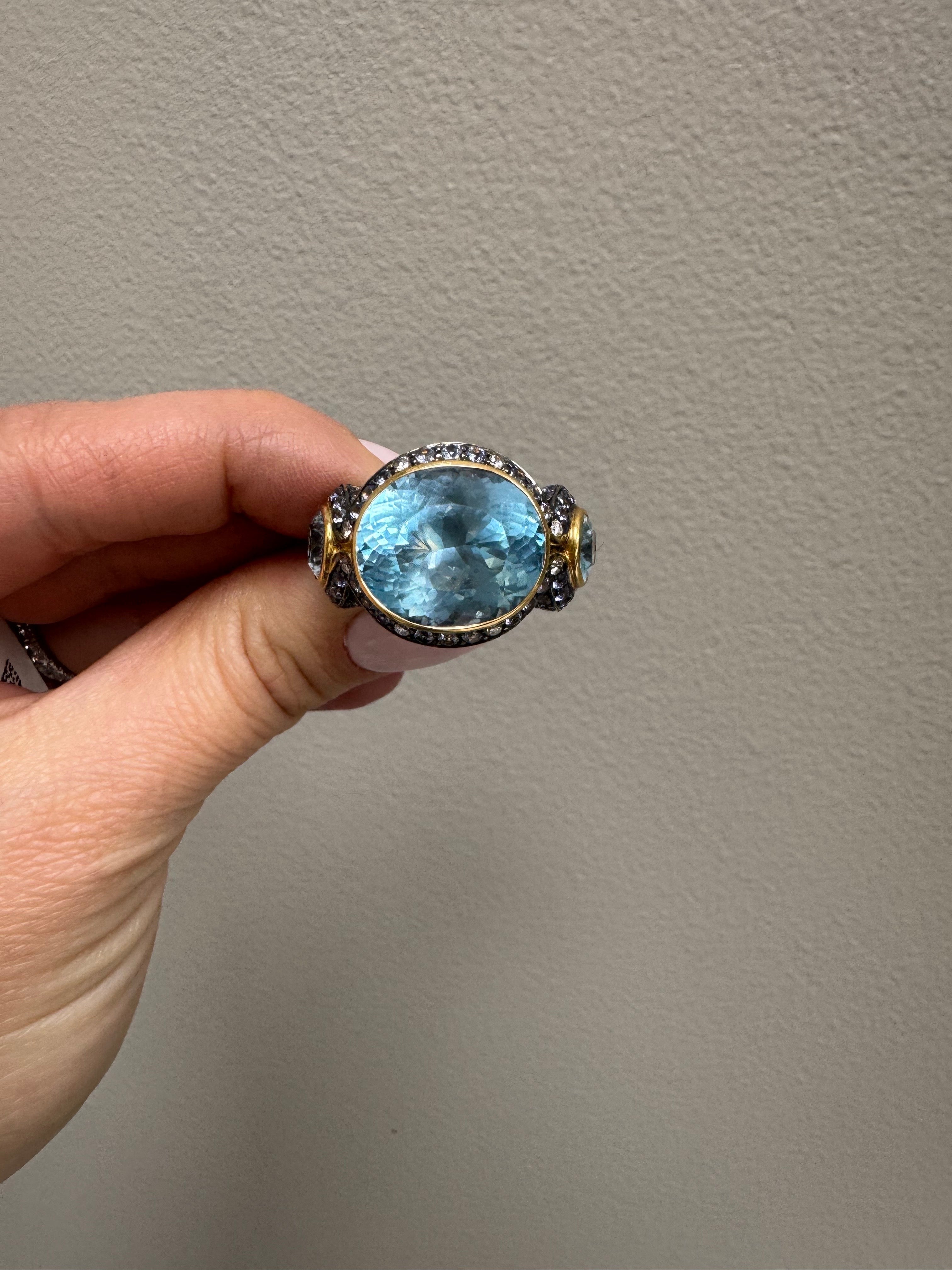 Large 18k Rose Gold Oval Blue Topaz Three Stone Ring with Sapphires & Diamonds