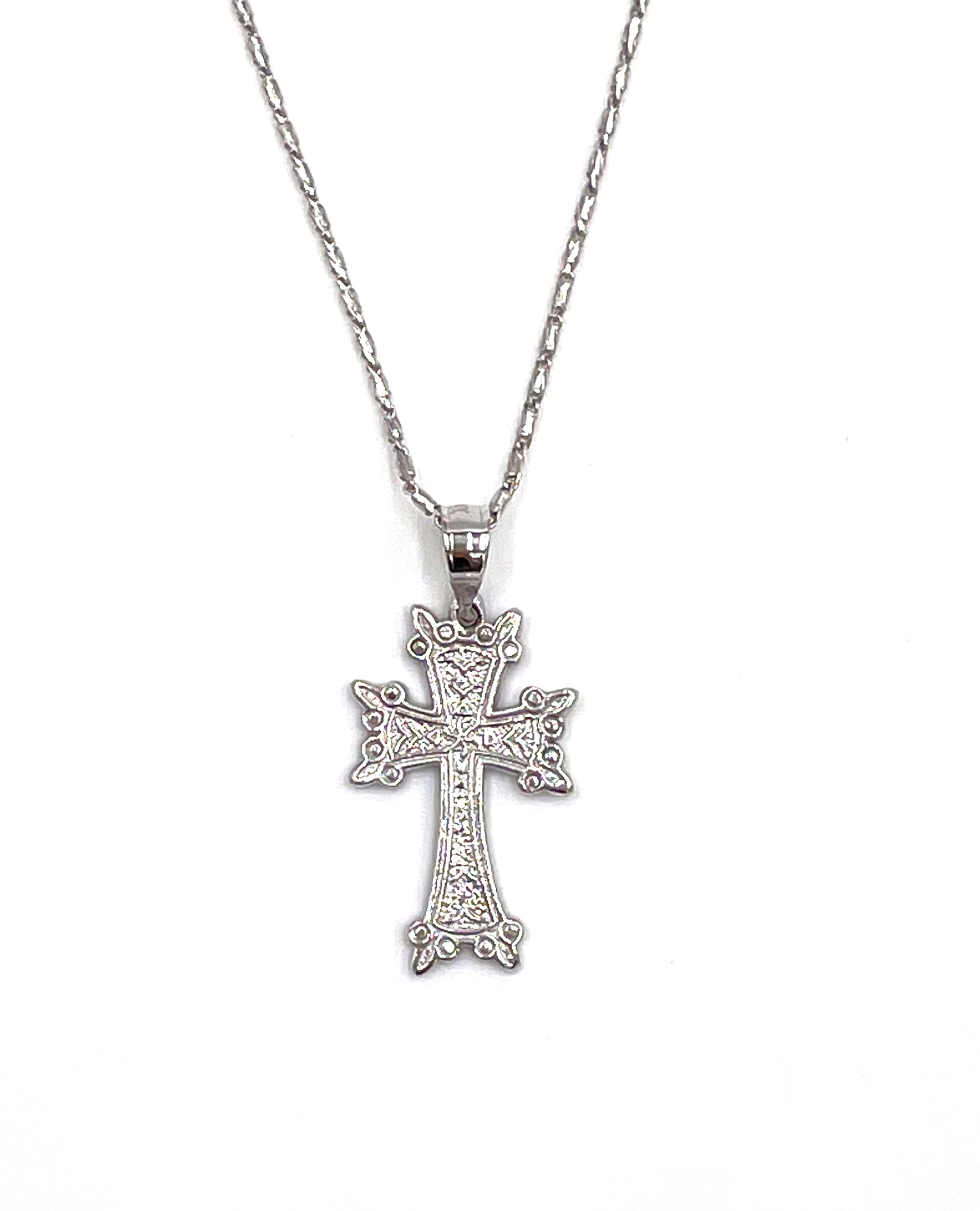 14K White Gold Armenian Cross with 14K White Gold Cable Link Chain - 16 inches long