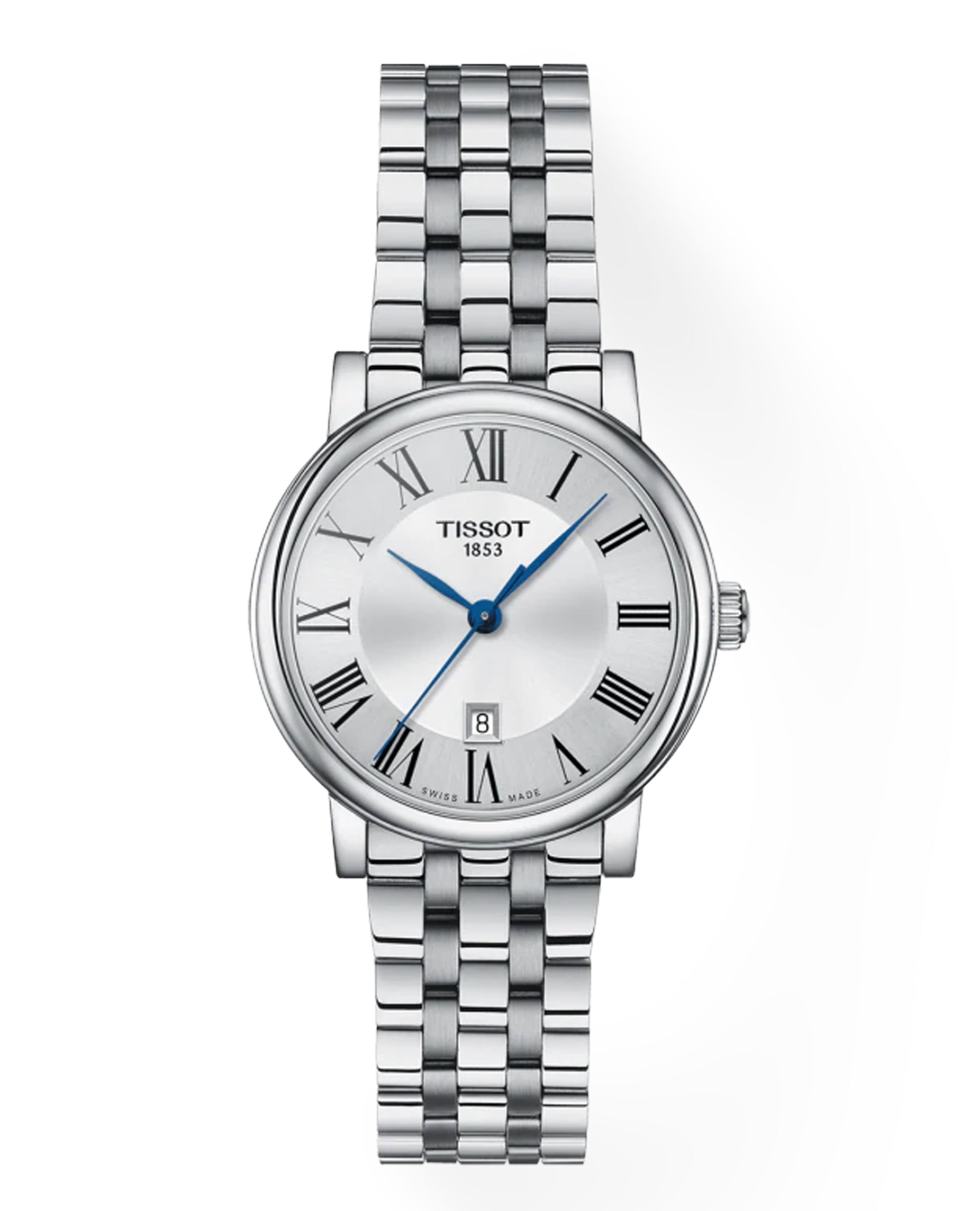 Tissot T122.210.11.033.00 Carson Premium Ladies Swiss Quartz Watch with 30mm Silver Dial, Roman Numerals and Blue Hands