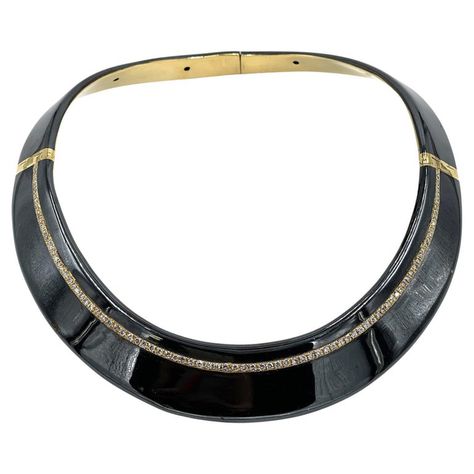Pre-owned Vintage 18K Yellow Gold Collar Necklace with Black Enamel and Diamonds