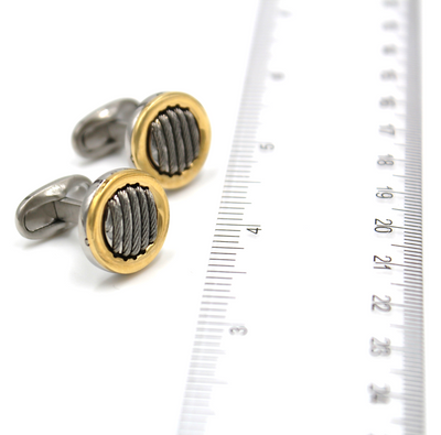 Alor Stainless Steel Circular Cufflinks with Stainless Steel White Cables and 18K Gold