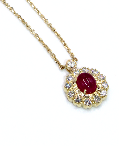 Vintage Oval Ruby Pendant in 18K Gold with Diamonds on a New Chain