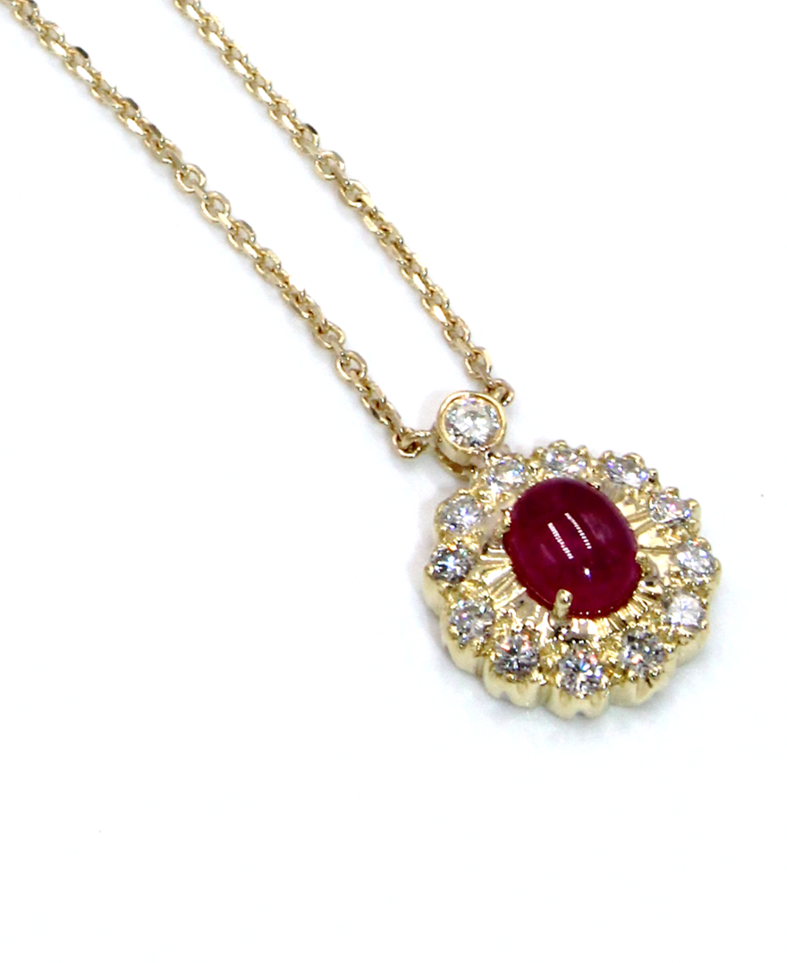 Vintage Oval Ruby Pendant in 18K Gold with Diamonds on a New Chain