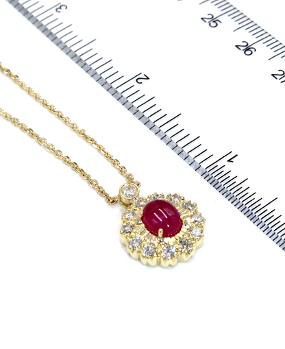 Vintage Oval Ruby Pendant in 18K Gold with Diamonds on a New Chain