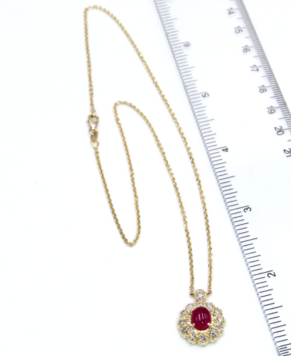 Vintage Oval Ruby Pendant in 18K Gold with Diamonds on a New Chain