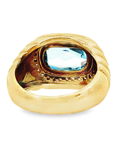 18K Yellow Gold Ring with Diamonds & Center Blue Topaz