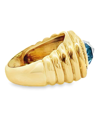 18K Yellow Gold Ring with Diamonds & Center Blue Topaz