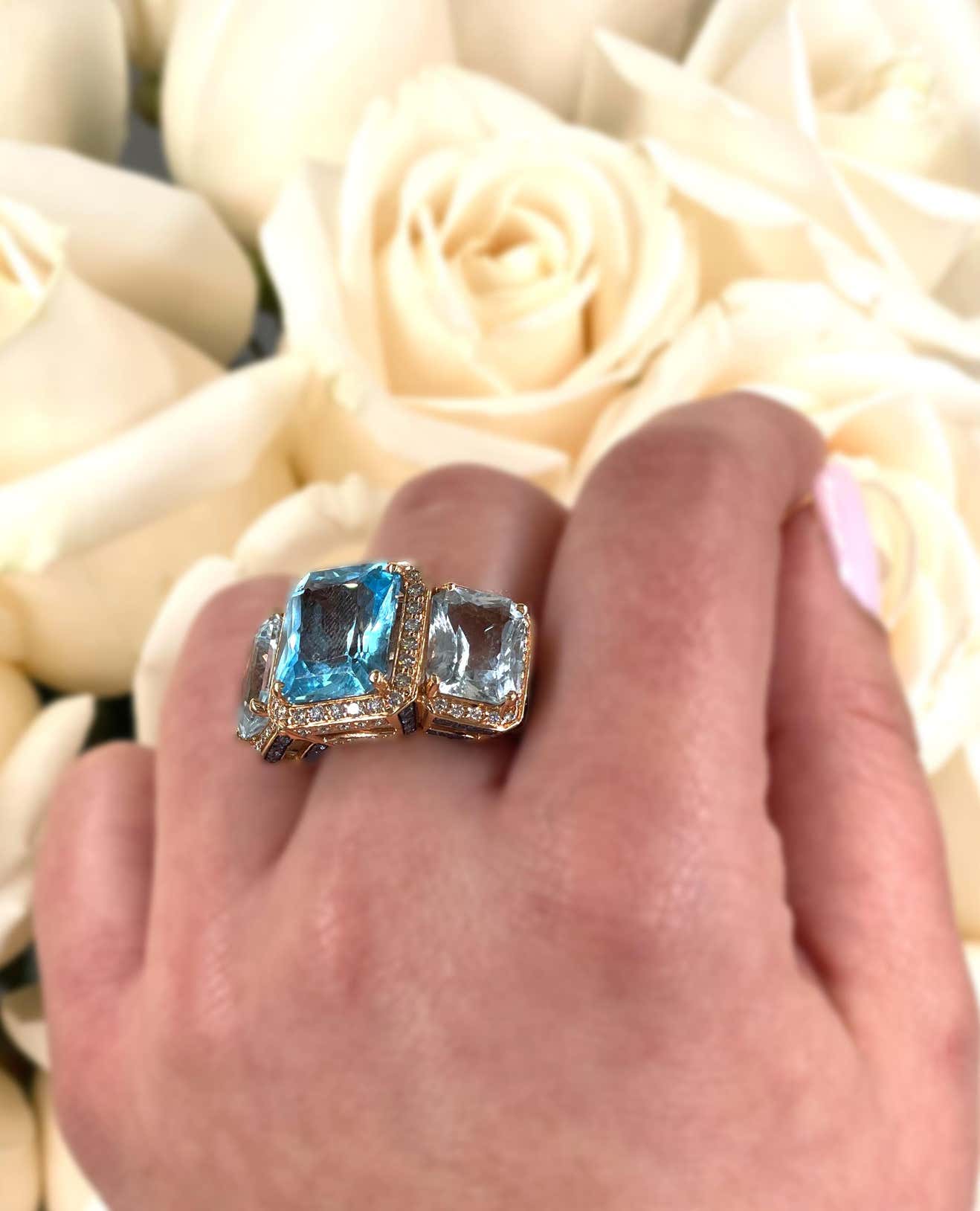 Three Stone Cocktail Ring 18k Rose Gold 16.78 Carats Blue Topaz, Zorab Creation