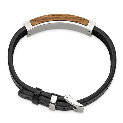 Leather, Stainless Steel and Walnut Wood ID Bracelet, Adjustable Length