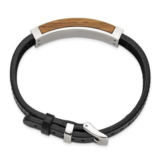 Leather, Stainless Steel and Walnut Wood ID Bracelet, Adjustable Length
