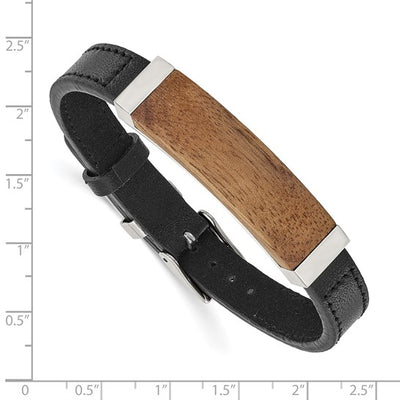 Leather, Stainless Steel and Walnut Wood ID Bracelet, Adjustable Length