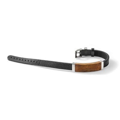 Leather, Stainless Steel and Walnut Wood ID Bracelet, Adjustable Length