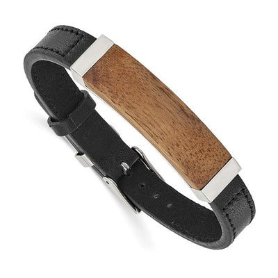 Leather, Stainless Steel and Walnut Wood ID Bracelet, Adjustable Length