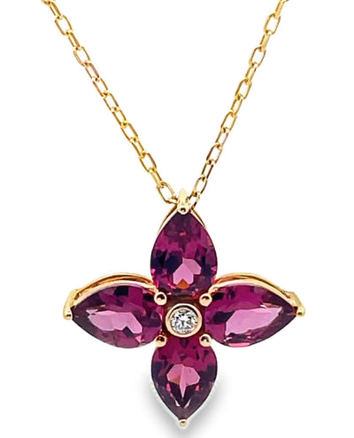 14K Yellow Gold Pink Tourmaline Flower Pinwheel Necklace
