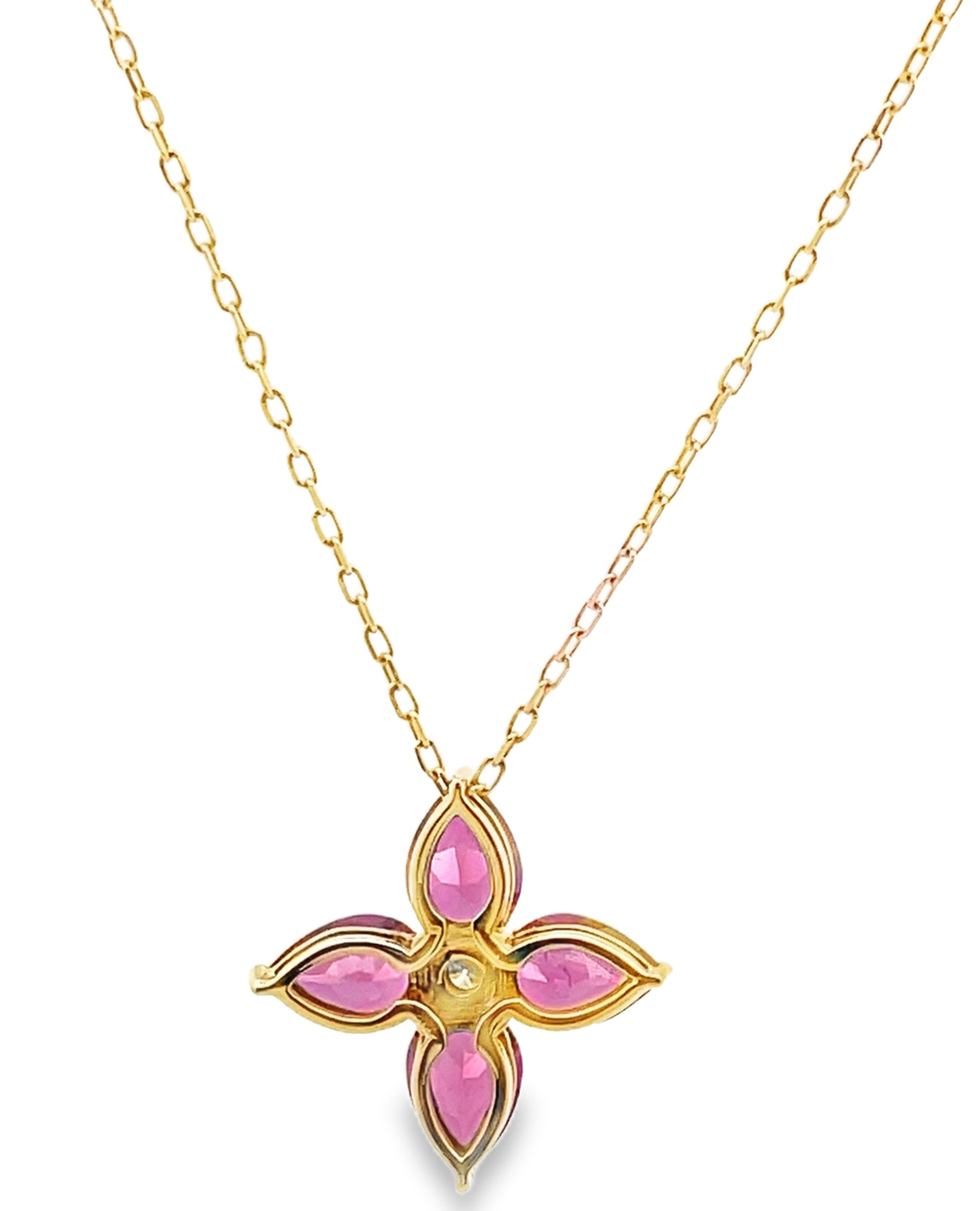 14K Yellow Gold Pink Tourmaline Flower Pinwheel Necklace