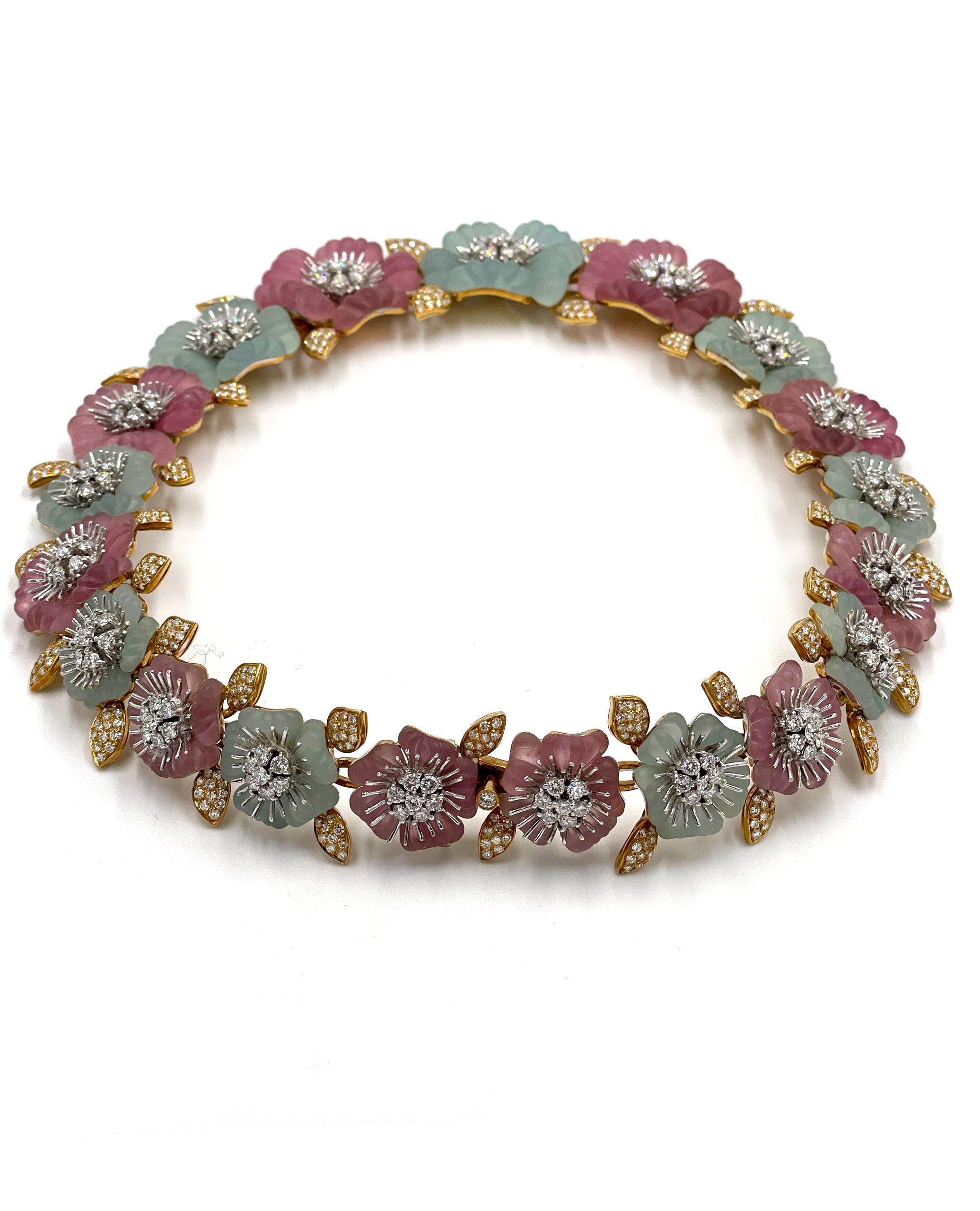 Pre-owned Vintage Ambrosi 18K White and Yellow Gold One of a Kind Aquamarine, Pink Tourmaline and Diamond Floral Necklace