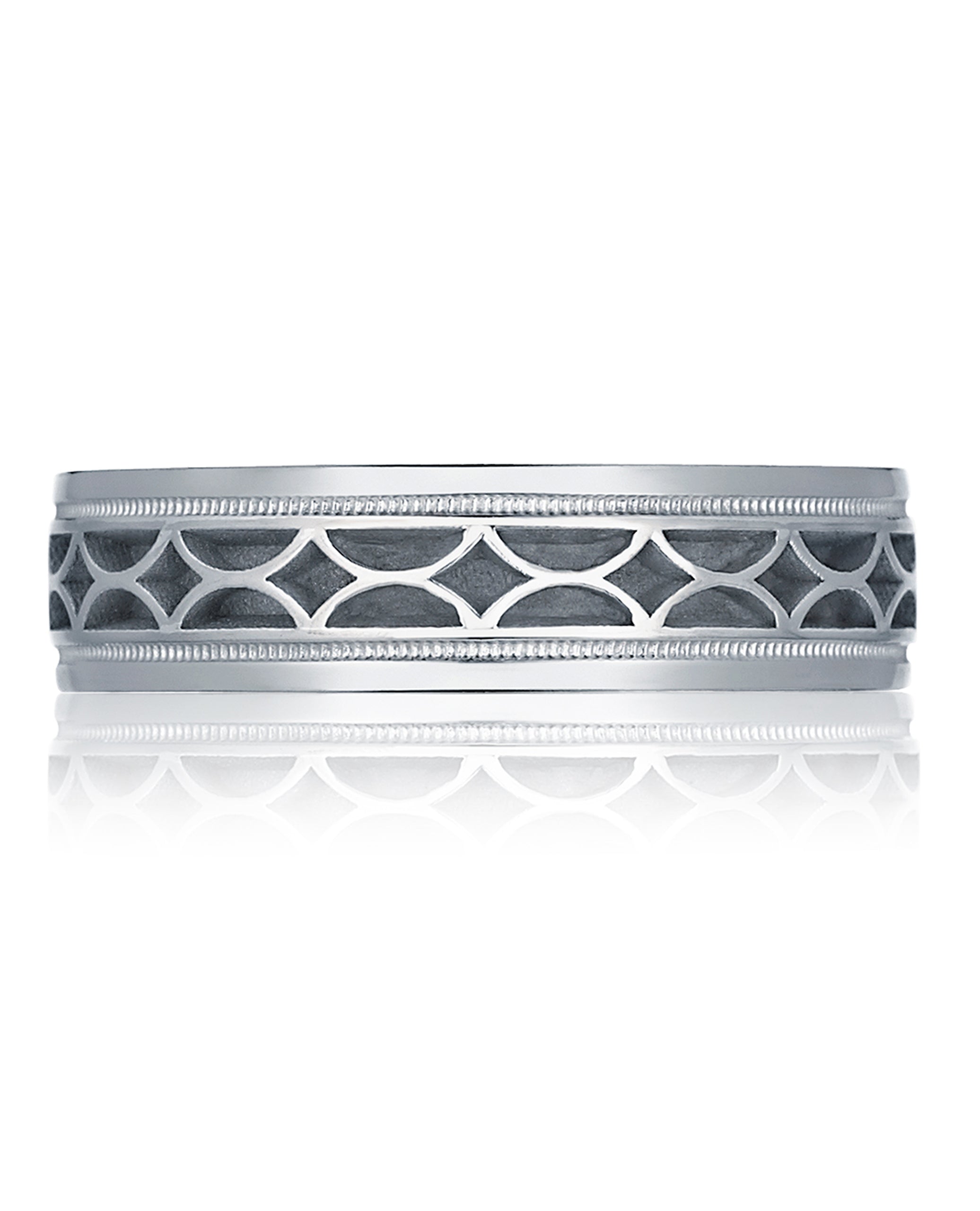 Tacori 113-6W Men's Wedding Band, 18K White Gold, Crescent Design, Brushed and High Polish Finish, Beading and 6mm Width