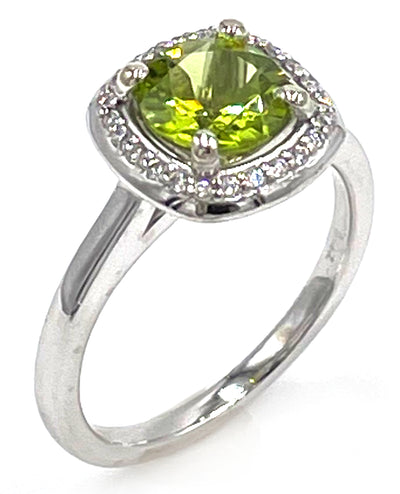 Round Peridot and Diamond Halo Ring in Minimalist 14K White Gold Setting