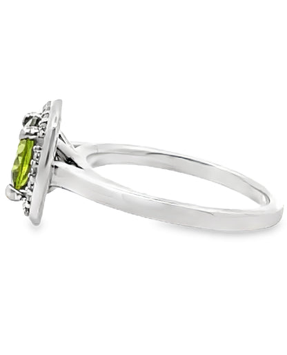 Round Peridot and Diamond Halo Ring in Minimalist 14K White Gold Setting