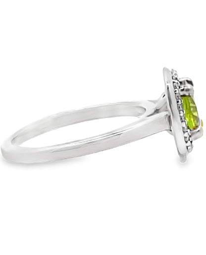 Round Peridot and Diamond Halo Ring in Minimalist 14K White Gold Setting