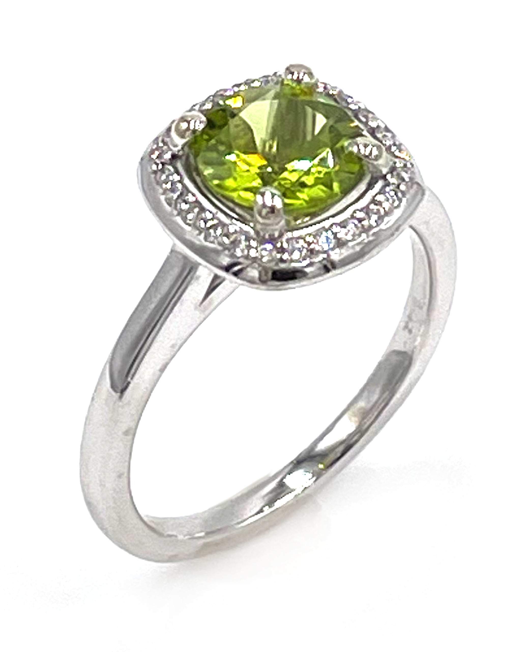 Round Peridot and Diamond Halo Ring in Minimalist 14K White Gold Setting