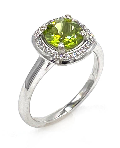 Round Peridot and Diamond Halo Ring in Minimalist 14K White Gold Setting
