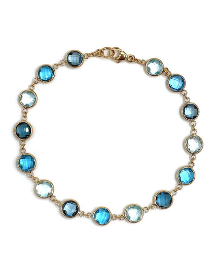 14K Yellow Gold Multi Hue Round Blue Topaz Riviera Bracelet with Extender