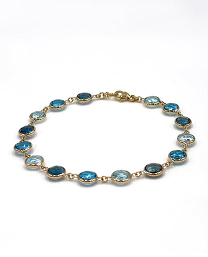 14K Yellow Gold Multi Hue Round Blue Topaz Riviera Bracelet with Extender