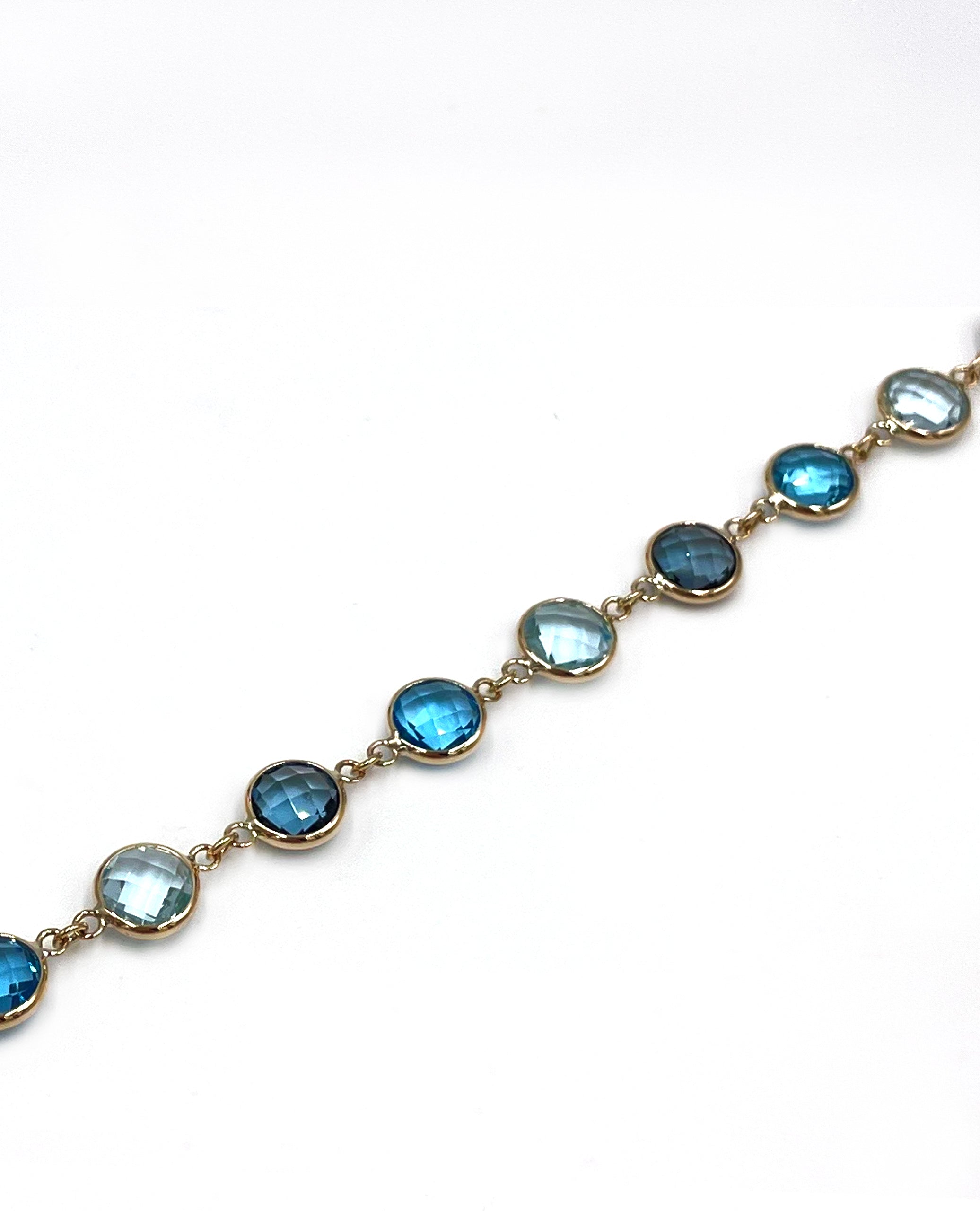 14K Yellow Gold Multi Hue Round Blue Topaz Riviera Bracelet with Extender