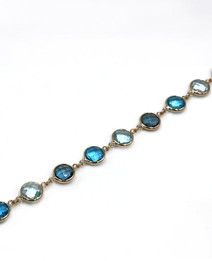 14K Yellow Gold Multi Hue Round Blue Topaz Riviera Bracelet with Extender