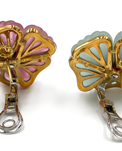 Pre-owned Vintage Ambrosi 18K White and Yellow Gold One of a Kind Aquamarine, Pink Tourmaline and Diamond Floral Earrings