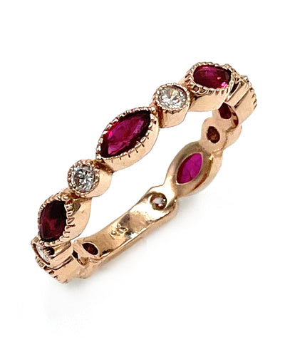 Marquise Ruby and Roud Diamond Eternity Ring in 14K Rose Gold