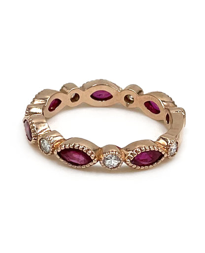 Marquise Ruby and Roud Diamond Eternity Ring in 14K Rose Gold