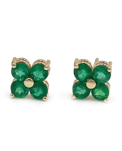 14K Yellow Gold Emerald Stud Clover Quatrefoil Shaped Earrings with Pushbacks