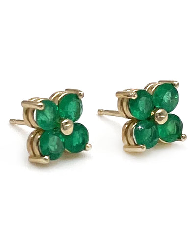 14K Yellow Gold Emerald Stud Clover Quatrefoil Shaped Earrings with Pushbacks