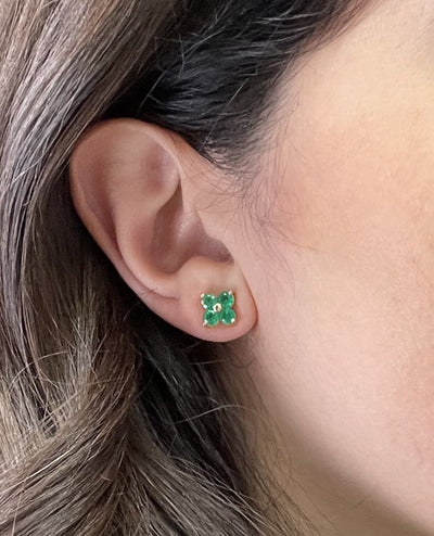 14K Yellow Gold Emerald Stud Clover Quatrefoil Shaped Earrings with Pushbacks