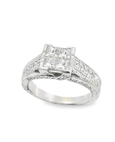 18K White Gold Ring with Princess & Round Cut Diamonds- Size 6.75