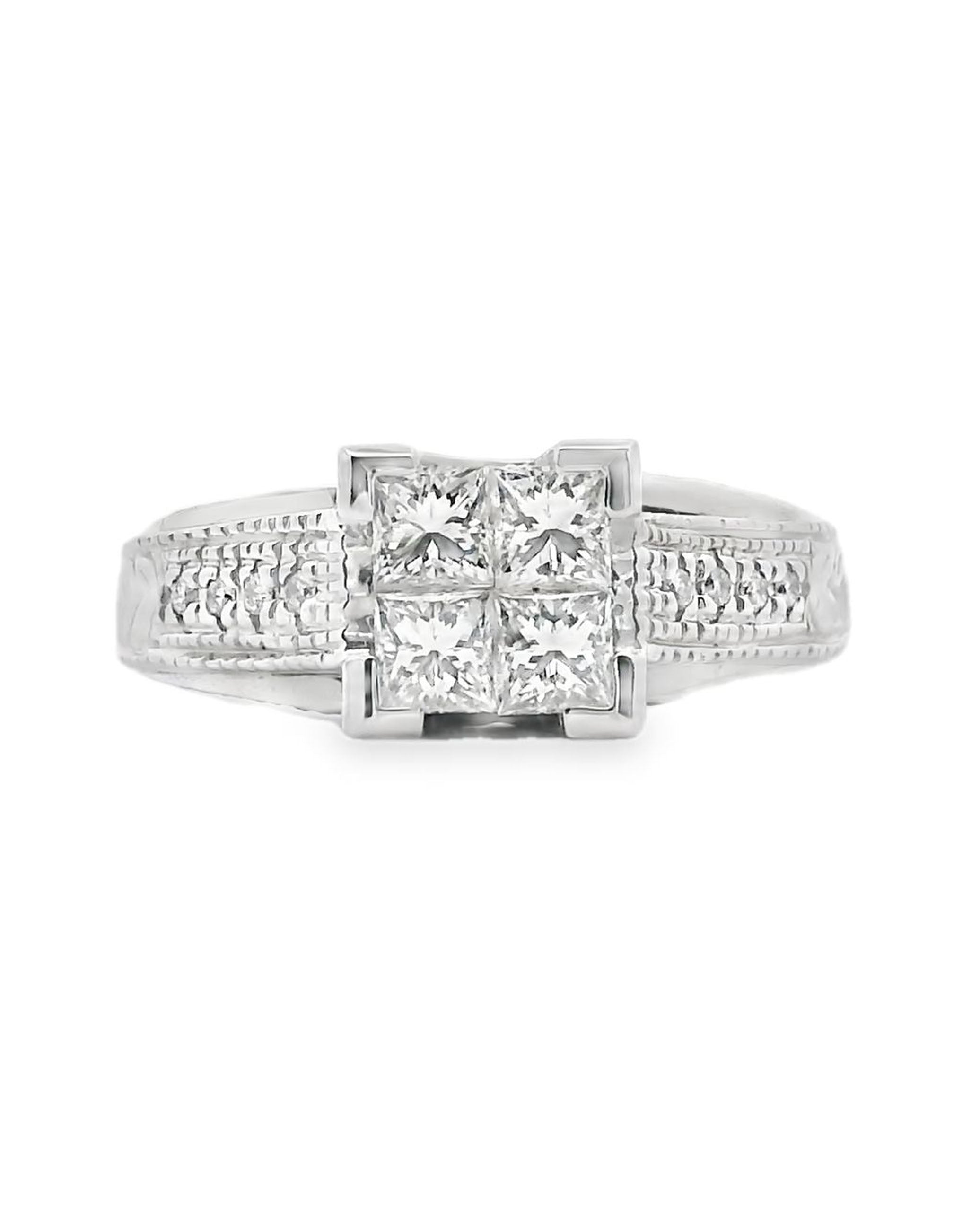 18K White Gold Ring with Princess & Round Cut Diamonds- Size 6.75